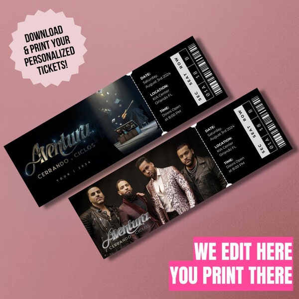 Aventura Concert Ticket Cerrando Ciclos Tour, Personalized Downloadable Event Ticket Stub Template, Printable Keepsake Gift Reveal Idea