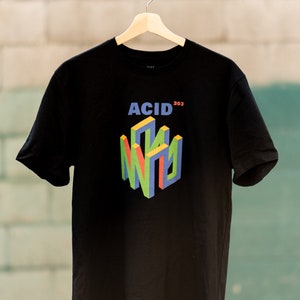 May include: Black t-shirt with a colorful graphic design of a 3D geometric shape. The text "ACID 303" is printed on the shirt.