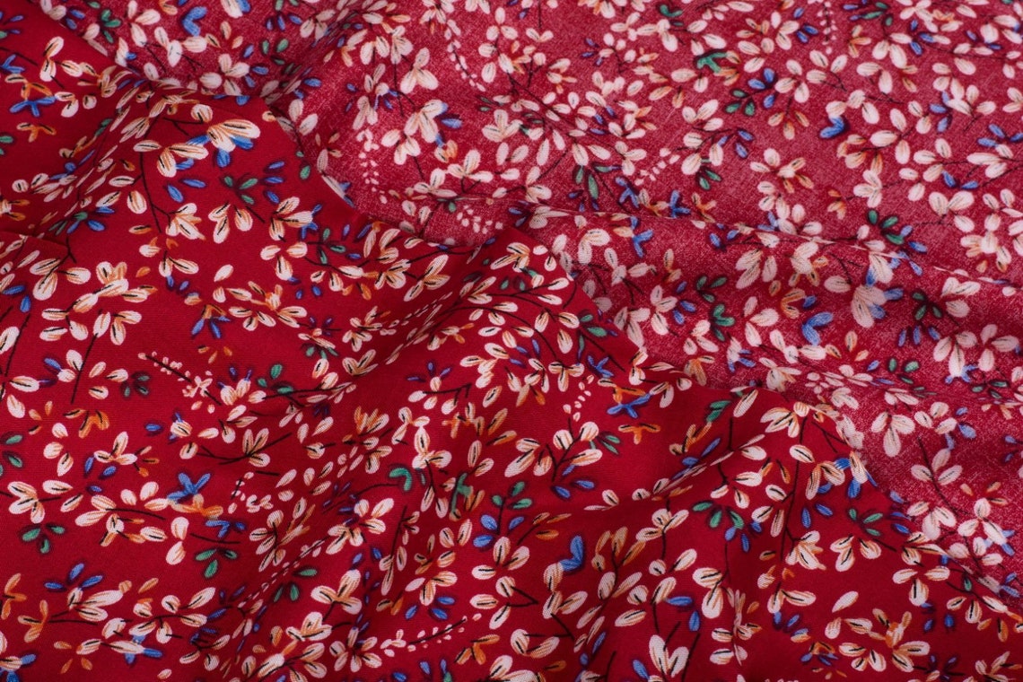 Red Floral Viscose and Cotton Fabric sold by the meter Etsy