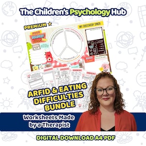 May include: A digital download A4 PDF bundle titled The Children's Psychology Hub ARFID & Eating Difficulties Bundle. It includes worksheets for food discovery, featuring a My Discovery Diner chart, food chain lists, and bravery awards.