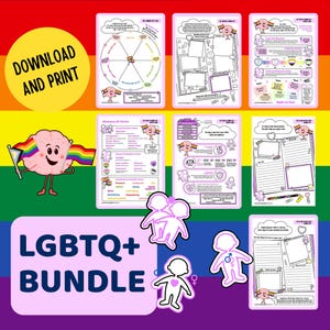 May include: A bundle of printable LGBTQ+ themed educational materials. The image features several worksheets with text and illustrations, a cartoon brain character holding a rainbow flag, and the words "DOWNLOAD AND PRINT". The background is a rainbow flag.