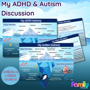 May include: A visual aid for discussing ADHD and Autism. Two icebergs are shown, one labeled "My ADHD Iceberg" and the other "My Autism Iceberg". Each iceberg has a list of "What You See" and "What You Don't See" behaviors. The text "My ADHD Discussion" and "My Autism Discussion" are also visible.