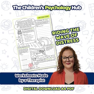 Può includere: Un foglio di lavoro digitale in formato PDF A4 intitolato Riding the Wave of Distress di The Children's Psychology Hub. La pagina in bianco e nero presenta sezioni numerate con illustrazioni di un faro, una barca e un cervello con spazi.