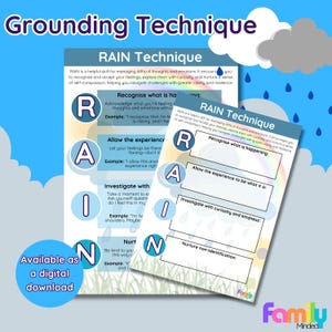 May include: A printable worksheet with a blue, yellow, and green background. The worksheet is titled "RAIN Technique" and outlines a four-step process for managing difficult thoughts and emotions. The steps are: Recognize what is happening, Allow the experience to be what it is, Investigate with curiosity and kindness, and Nurture non-identification.
