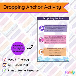 Puede incluir: Una hoja de trabajo imprimible con un fondo azul, verde y blanco. La hoja de trabajo se titula "Dropping Anchor Activity" e incluye tres pasos: "Reconocer tus pensamientos y sentimientos", "Volver a tu cuerpo" y "Participar en el mundo que te rodea".