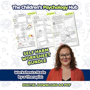 May include: A digital download A4 PDF bundle of self-harm worksheets from The Children's Psychology Hub. The documents feature black and white line art illustrations, text prompts, and diagrams for mental health support, presented as a set of three.
