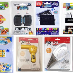 May include: A collection of miniature toy sets, including a red and blue figure set, a miniature soda bottle with a "LAVA" sign, a "Hippo" puzzle, a "Battleship" game, a "Lite-Brite" toy, a "Pictionary" game, a water gun, and a "Boggle" game.