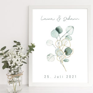 Poster "Hochzeit" mit Datum Verliebt verlobt verheiratet gold mint Hochzeitstag Wandbild Wanddeko Bild Eukalyptus Geschenk | DIN A3 A4 PDF