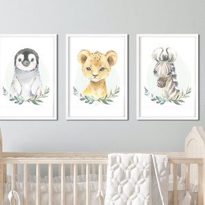 Poster 3er Set Pinguin Löwe Zebra Aquarell Pastell Nursery Geburt Junge Safari Kinderposter Wandbild Kinderzimmer Geschenk Eukalyptus