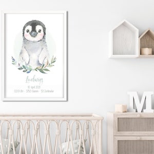 Poster Pinguin Safari Aquarell grün Kinderposter Geburt Baby Personalisiert Junge Mädchen Kinderzimmer Geschenk nursery Wanddeko