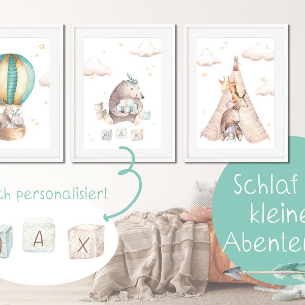 Poster 3er Set | Indianer Ballon Tipi DIN A4 + A3  PDF Kinderposter Geschenk Baby Personalisiert Nursery Kinderzimmer Heißluftballon