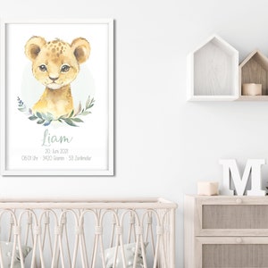 Poster zur Geburt Löwe Safari Eukalyptus Aquarell grün Kinderposter Geburt Baby Personalisiert Junge Mädchen Kinderzimmer Geschenk nursery