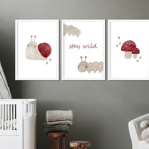 Poster Set Raupe Schnecke Pilz Fliegenpilz Junge Mädchen Kinderposter rot beige Wald Herbst Boho Geschenk Baby Nursery Kinderzimmer Wandbild