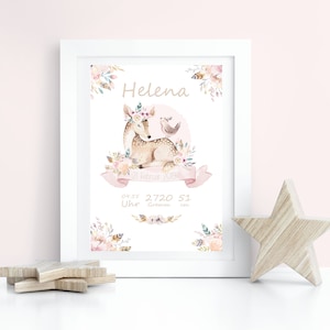 Poster zur Geburt - Rosa Reh A4 A3 PDF Geschenk | Geburt | Taufe | Baby | Personalisiert | Wandbild | Kinderzimmer | Kinderposter Nursery