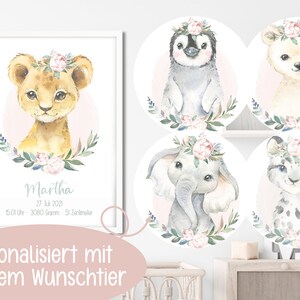 Poster Löwe Pinguin Leopard Eisbär Elefant Safari Aquarell Pfingstrosen rosa Kinderposter Geburt Baby Personalisiert Mädchen Geschenk