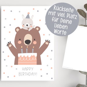 Karte zum Geburtstag "Happy Birthday"  - A6 Geburtstagskarte Geschenk Birthday Bär Hase Tiere Punkte Torte Kerzen Kind Kleinkind Orange Blau
