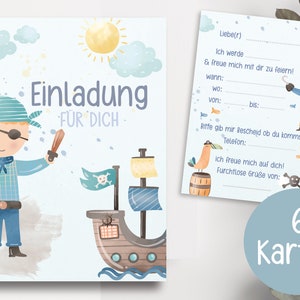 Einladungskarten 6er Set Pirat Seefahrer Schiff Blau Seemann Piraten Pastell Party Geburtstag  A6 Einladung invitation Kindergeburtstag
