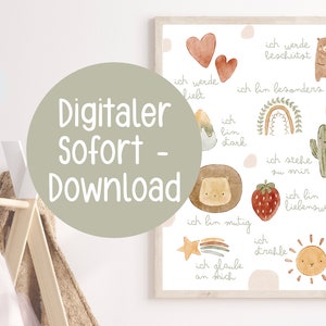 Cartel de afirmación Afirmación niños Cabeza arriba coraje amor autoestima amarillo boho león corazón arco iris descargar archivo PDF amor propio