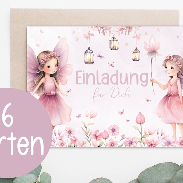 Einladungskarten 6er Set Fee Feenparty Fairy Rosa Blumen Schmetterlinge Party Geburtstag DIN A6 Einladung invitation Kindergeburtstag