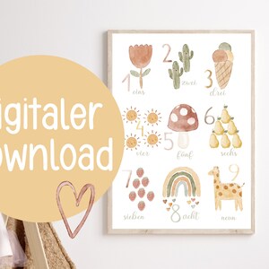 Números cartel boho acuarela escuela niña aprendiendo vivero pared decoración cartel aprendizaje cartel flor cactus helado sol seta pera arco iris