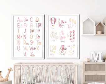 Buchstaben - Zahlen Poster ABC Alphabet Aquarell Einschulung Kind Mädchen lernen rosa nursery Wanddeko Poster Lernposter Alphabetposter