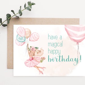 Postkarte zum Geburtstag  - magical | A6 | Mädchen | Blumen | Rosa | Blau | Party | Birthday | Geburtstagskarte | Ballons