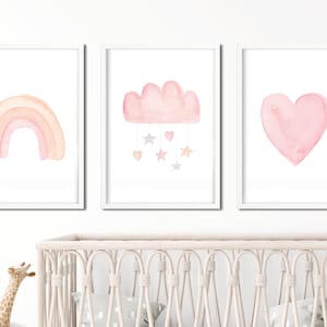 Poster Set Regenbogen Herz Wolke Sterne Rosa Pastell Nursery Geburt Mädchen Junge Kinderposter Wandbild Kinderzimmer Geschenk