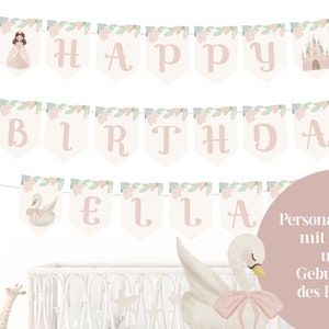 Wimpelkette DIY Kit Personalisierbar Name Party Geburtstag Kindergeburtstag Prinzessin Princess Schwan Schloss Kutsche Krone Ritter Pennant