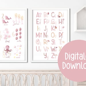 Letras - Números Póster ABC Alfabeto Acuarela Inscripción Escolar Niño Niña Aprendizaje Rosa Guardería Decoración de Pared Póster Aprendizaje Póster Alfabeto Póster
