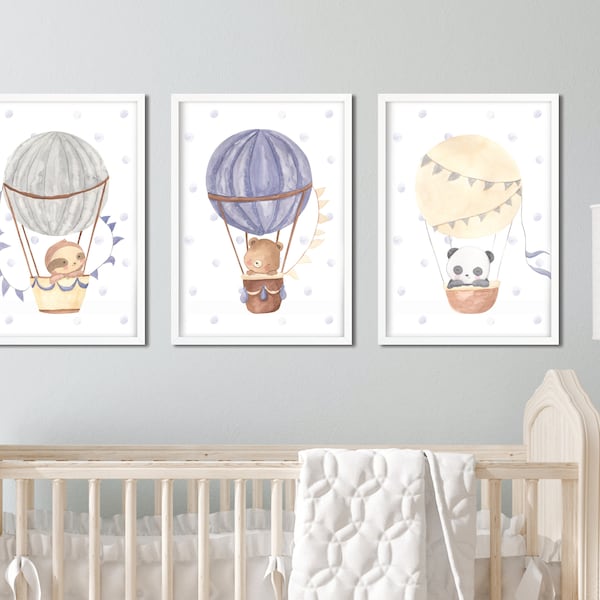 Poster "Airballoon" 3er Set Ballon Heissluftballon A4 A3  PDF Kinderposter Geschenk Baby Nursery Kinderzimmer Panda Faultier Bär Watercolor