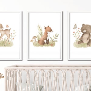 Poster Set Wald Reh Bär Fuchs Waldtiere Aquarell Watercolor Nursery Geburt Mädchen Junge Kinderposter Wandbild Kinderzimmer Geschenk