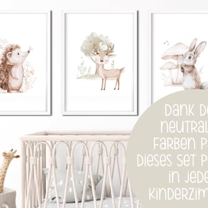 Poster "Waldtiere" 3er Set Igel Hase Reh Kinderposter Geschenk Baby Nursery Kinderzimmer Neutral Junge Mädchen Wald Pastell Grün watercolour