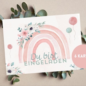 Einladungskarten 6er Set Regenbogen Rosa Pastell türkis watercolor Mädchen Party Geburtstag DIN A6 Einladung invitation Kindergeburtstag