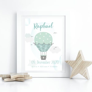 Poster zur Geburt Mint Ballon Heißluftballon | Geschenk | Geburt Taufe Baby Personalisiert Wandbild Kinderzimmer Kinderposter Nursery Wandde