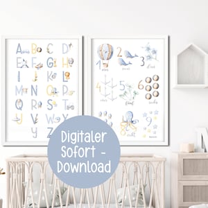 Números letras cartel azul amarillo inscripción escolar niño aprender guardería pared decoración cartel aprendizaje cartel alfabeto inscripción escolar aritmética