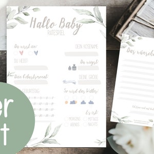 Babyparty Spiel Ratespiel DIN A5 Babyshower Boho Eukalyptus pastell Junge Mädchen Quiz Game Freundin Liebe Schwanger Geburt Schwangerschaft