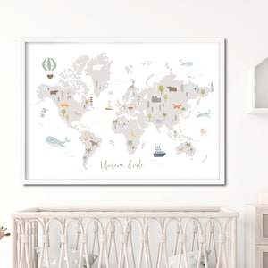 Poster "Unsere Erde" Weltkarte Kontinente Tiere Wandbild Nursery Pastell Europa Asien Afrika Australien Amerika Nordpol Südpol