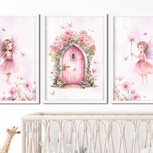 Poster 3er Set Fee fairy Wald Schmetterlinge Blumen Rosa Aquarell Pastell Mädchen Kinderposter Wandbild Kinderzimmer Geschenk