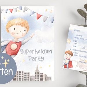 Einladungskarten Set Superheld Party Geburtstag Blau Rot Einladung 6 Stück invitation Kindergeburtstag Superheldin Junge Mädchen Sterne