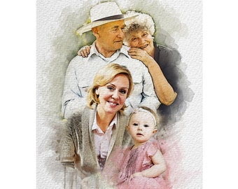 Deceased Watercolor Portrait from Photo , Photo merge, Fathers Day, Christmas Family Portrait, Digital Illustration, Unique Painting