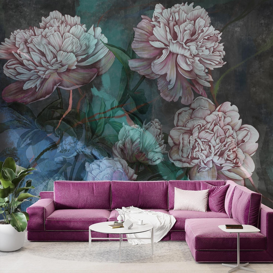Dark Peony Floral Wallpaper Mural: Moody Vintage Botanical Peel and ...