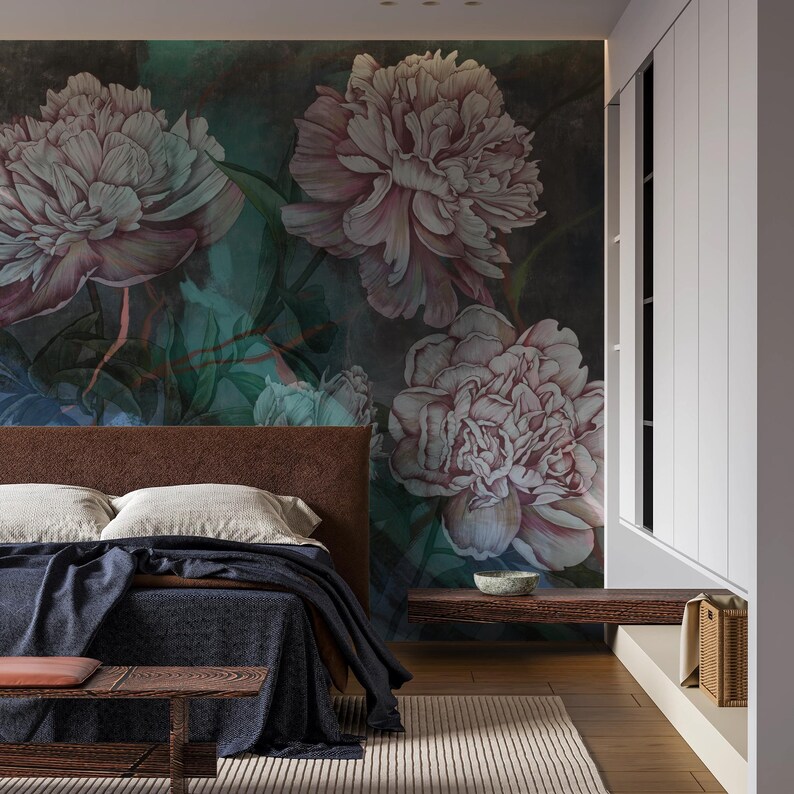 Dark Peony Floral Wallpaper Mural: Moody Vintage Botanical Peel and ...