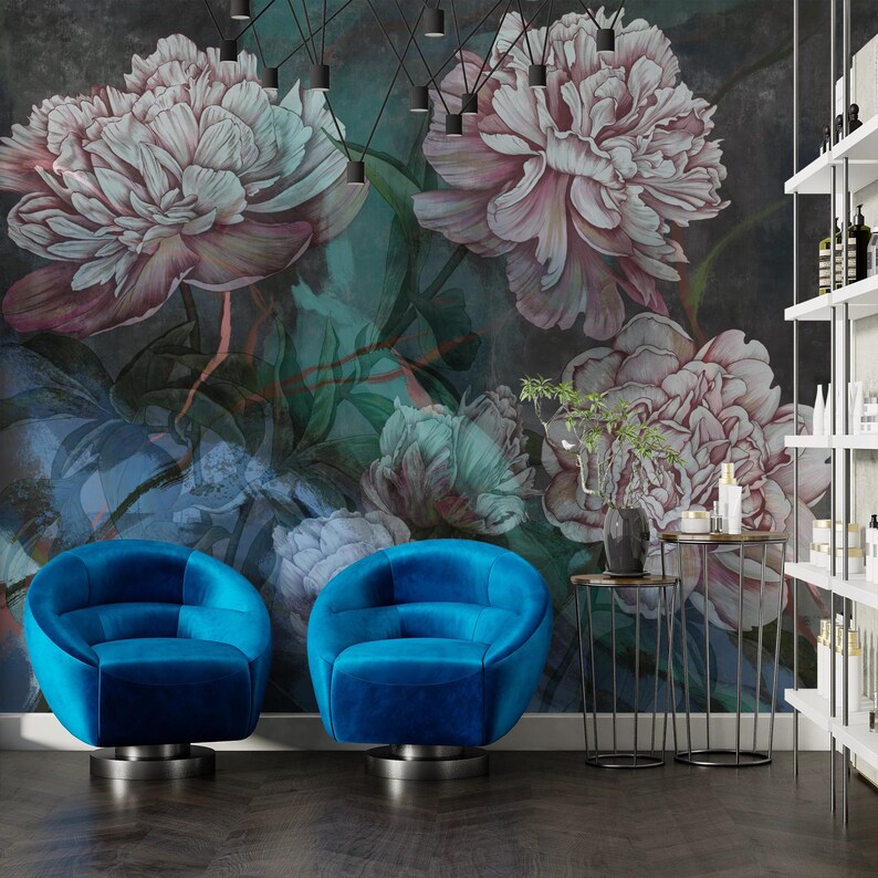 Dark Peony Floral Wallpaper Mural: Moody Vintage Botanical Peel and ...