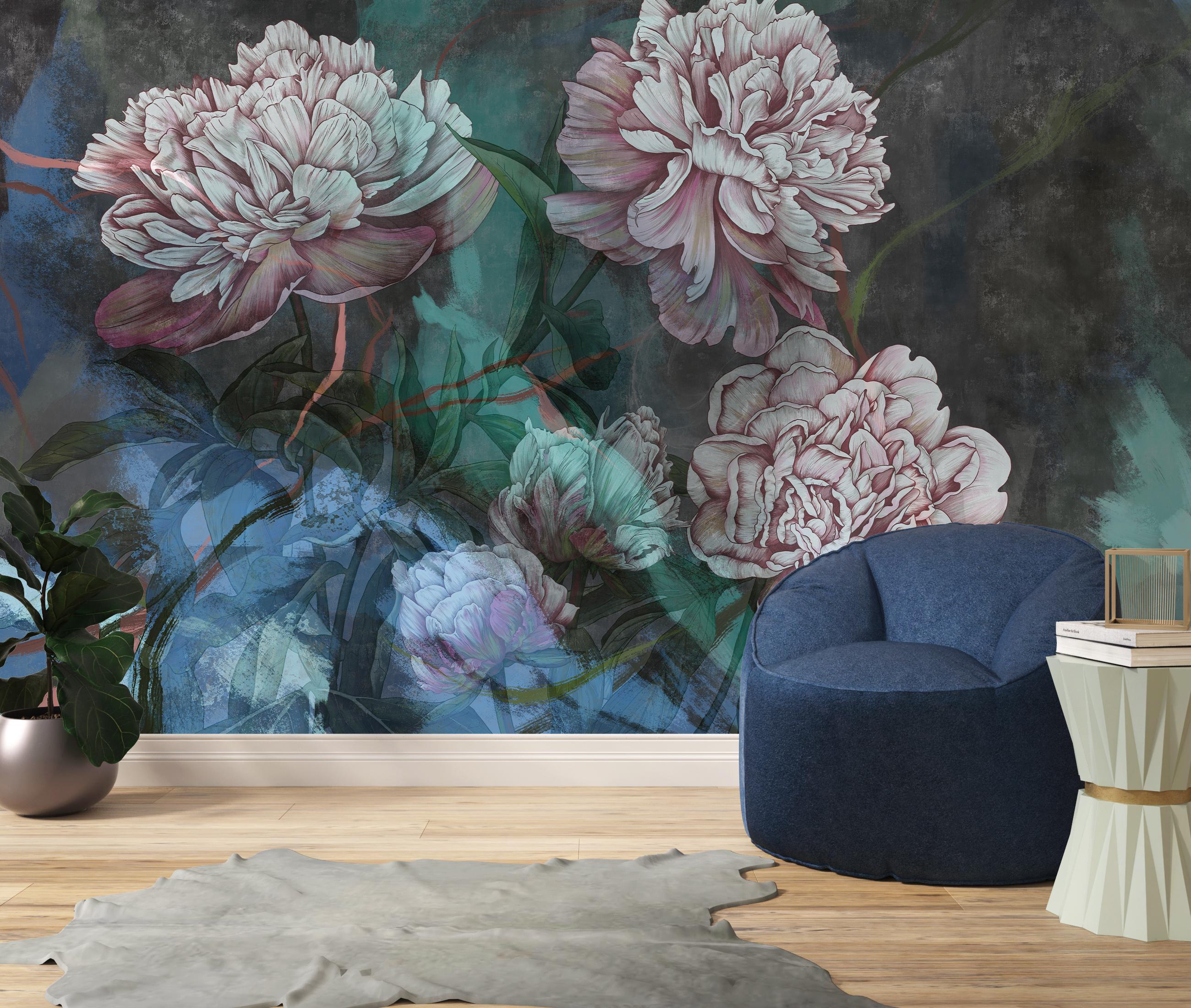 Dark Peony Floral Wallpaper Mural: Moody Vintage Botanical Peel and ...