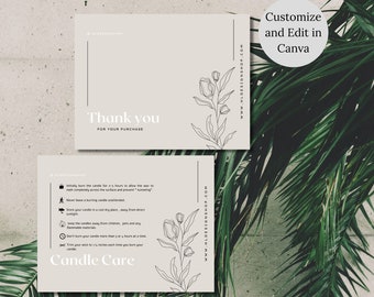 Könnte beinhalten: Eine beige Karte mit einem floralen Design und dem Text "Vielen Dank für Ihren Kauf" und "Kerzenpflege". Die Karte enthält Anweisungen zur Kerzenpflege, wie z. B. Brenndauer, Trimmen des Dochtes und Aufbewahren der Kerze.