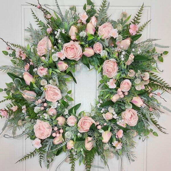 Spring summer roses pink cottage large luxury wreath