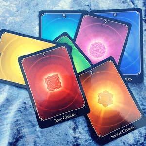 Op de afbeelding: Zeven chakra-kaarten met verschillende kleuren en symbolen. De kaarten zijn genummerd van 1 tot 7 en hebben de namen van de chakra's erop geschreven. De kaarten zijn in een halve cirkel gerangschikt.