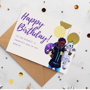 女の子向け誕生日カード | 印刷可能なデジタルダウンロード | アフロ サイエンス フィクション | 誕生日カード | パーソナライズされたテキスト | ブラック サンズ