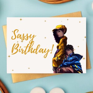 Cartão de aniversário adolescente Sassy de <br> Entrega Rápida? Download digital para impressão | Animação Afro Negra | Melanina Verjaardagskaart | Zwarte Zonnen | Sóis Negros