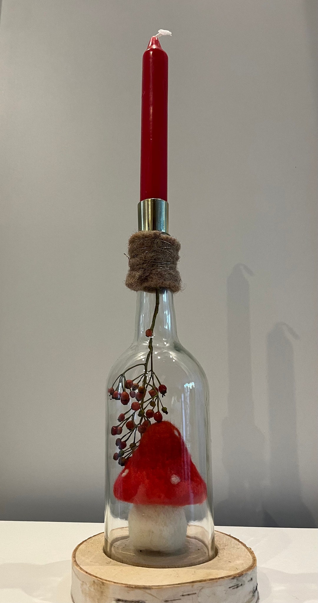 Candlestick Autumn/recycled Bottle/tree Disc/natural/felt Etsy